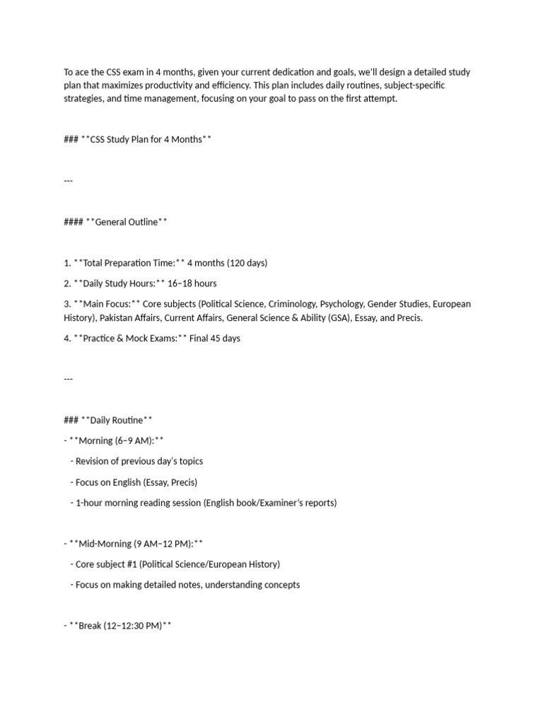 4-Month CSS Exam Study Plan | PDF | Essays