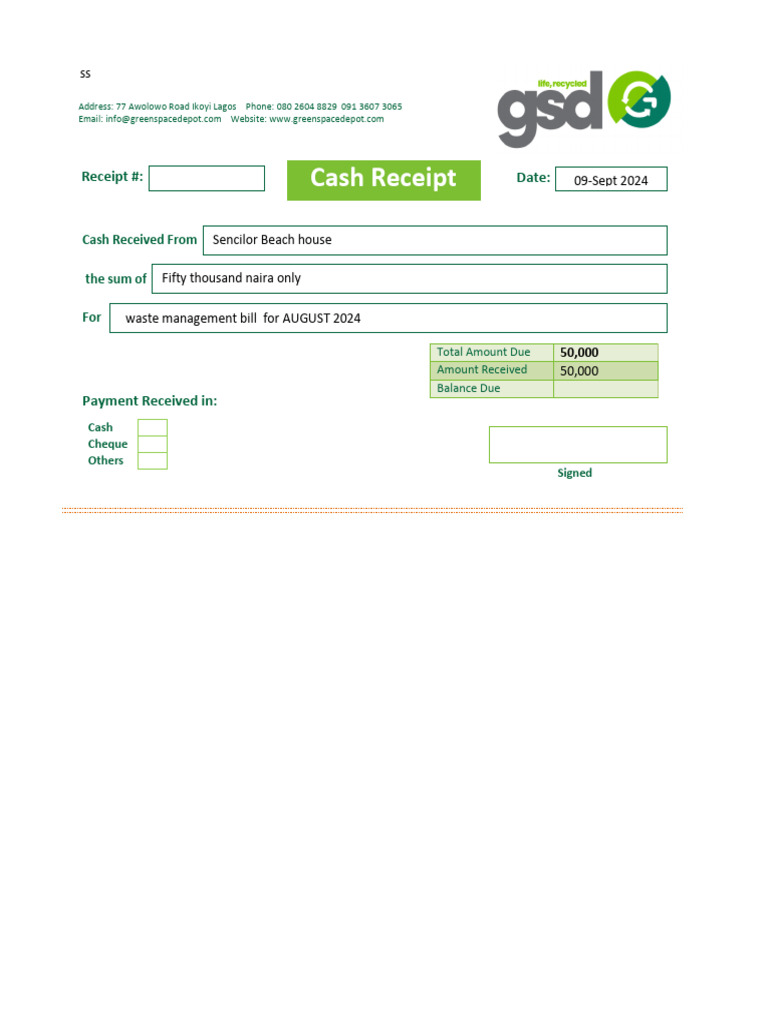 Cash Receipt for Waste Management Bill | PDF