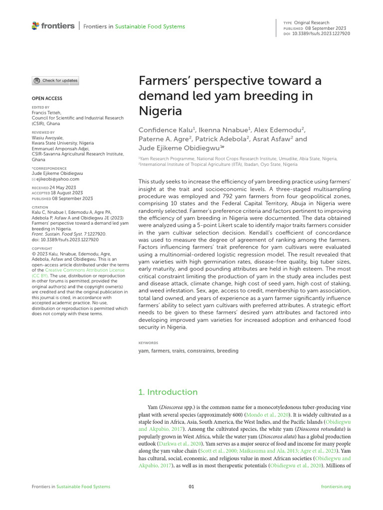 Farmers' Perspective Toward A Demand Led Yam Breeding in Nigeria | PDF ...