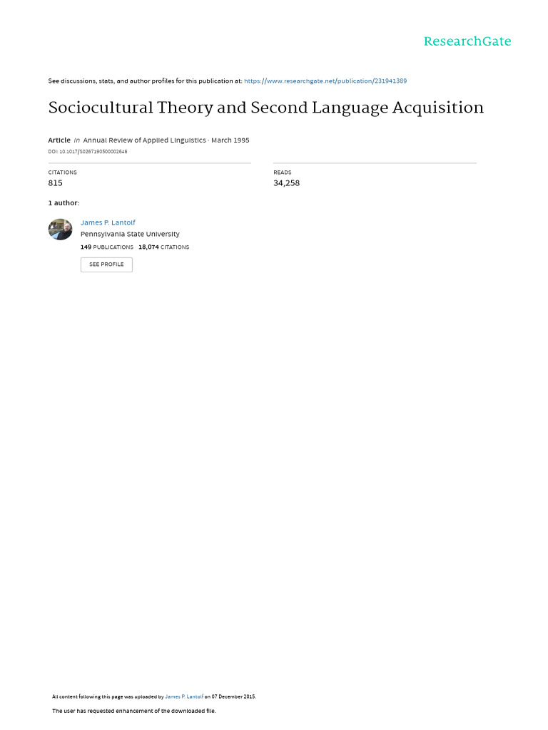 Sociocultural Theory in L2 Acquisition | PDF | Gesture | Second Language