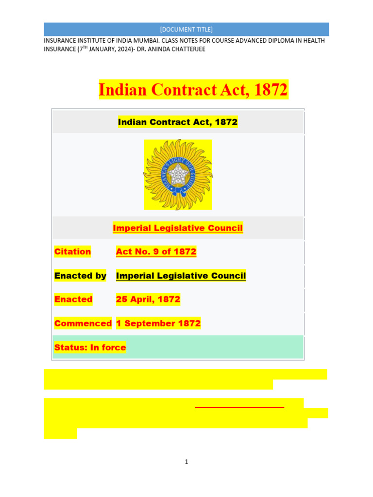 Indian Contract Act Overview and Notes | PDF | Law Of Agency | Insurance