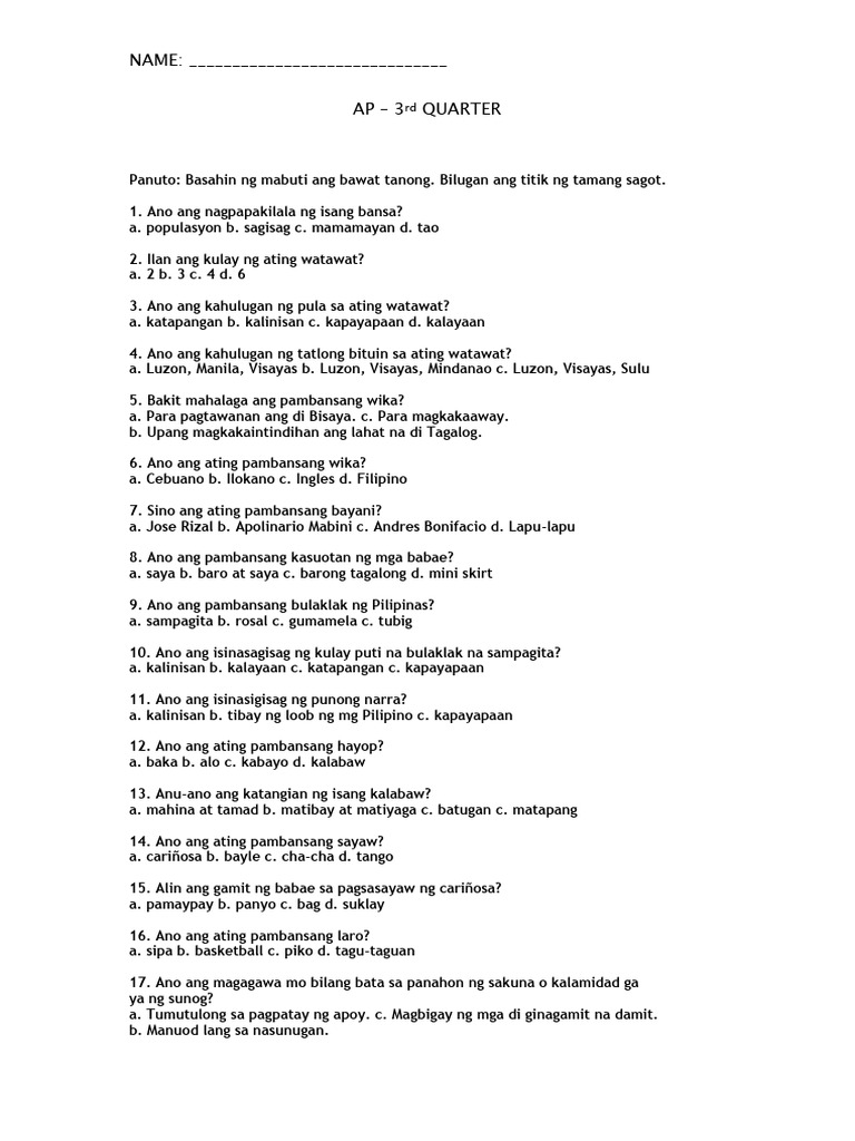 Quiz Mga Sagisag Ng Bansang Pilipinas Pdf