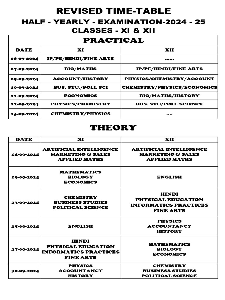 Half Yearly Exam 2024 - 25 Classes Xi & Xii | PDF