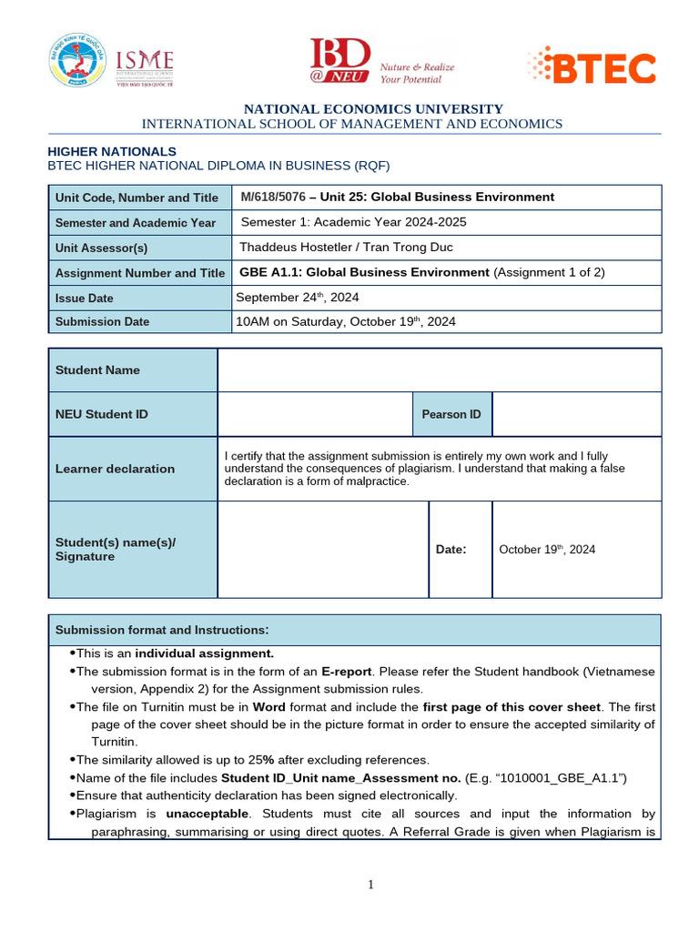 GBE Assignment Brief A1.1 Fall 2024 | PDF | Career & Growth | Finance ...