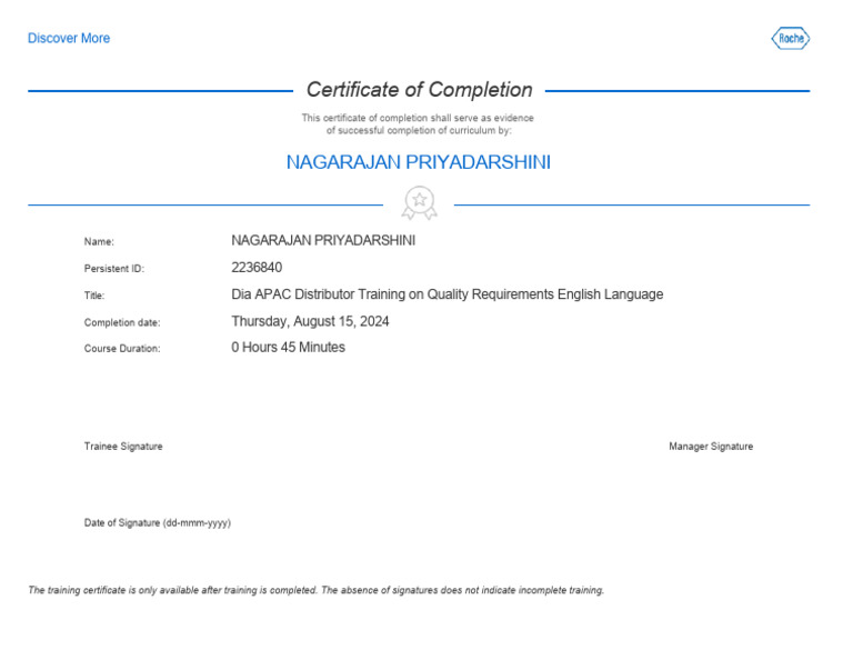 Priyadarshini Training Completion Certificate | PDF