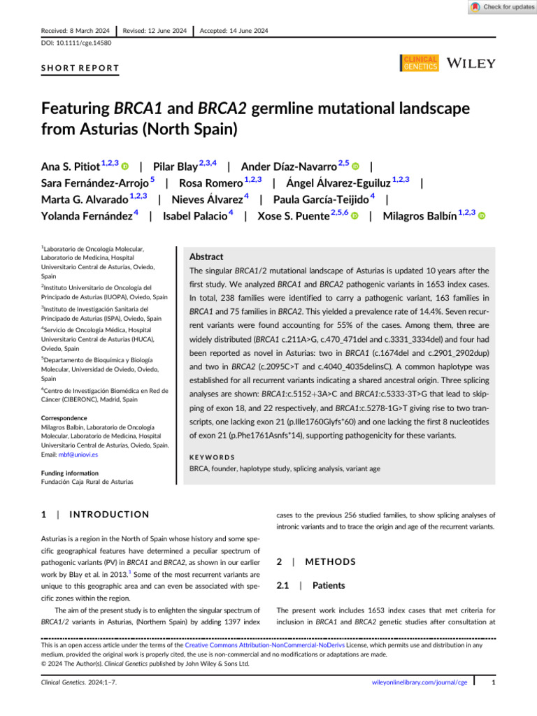 Clinical Genetics - 2024 - Pitiot - Featuring BRCA1 and BRCA2 Germline ... 
