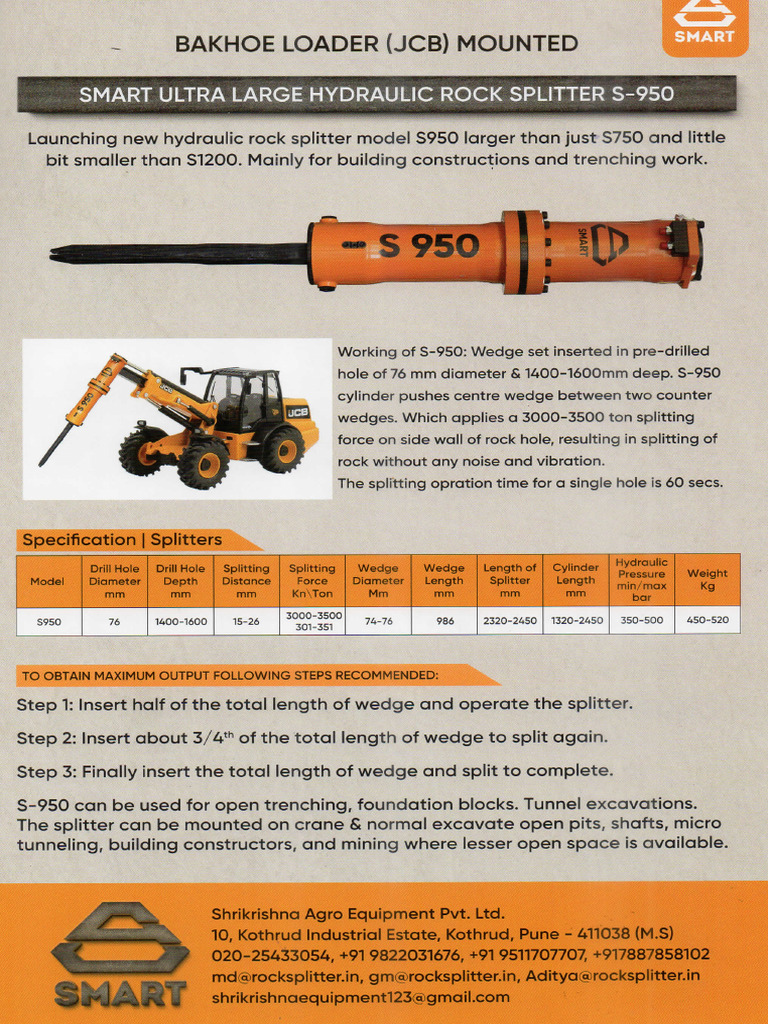 Smart Hydraulic Rock Splitter S 950 Bakhoe Loader JCB Mounted | PDF