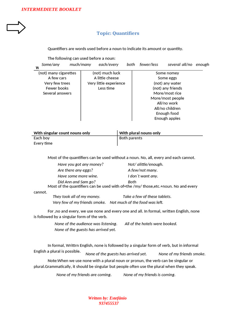 Topic: Quantifiers: Intermediete Booklet | PDF | Perfect (Grammar) | Verb