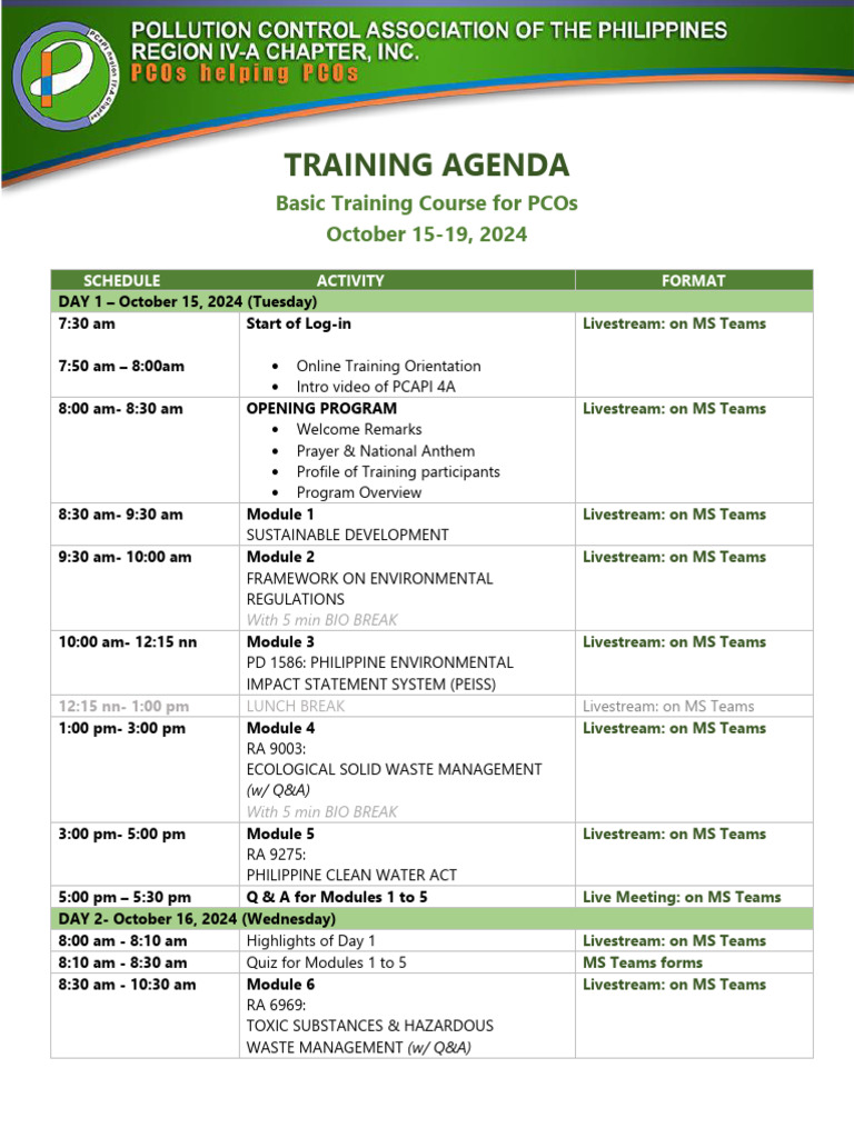 Online Basic Training For PCO - Training Agenda - OBT 2420 - October 15 ...