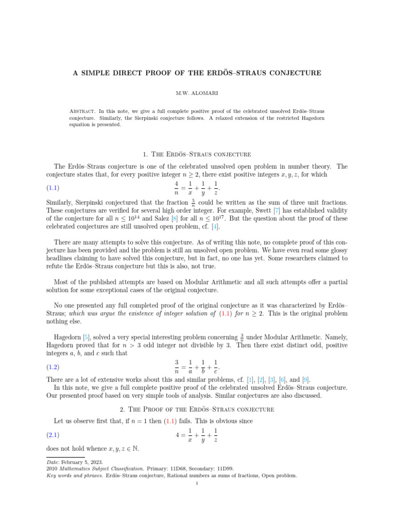 A Simple Direct Proof of The Erdos Straus Conjecture | PDF | Conjecture ...