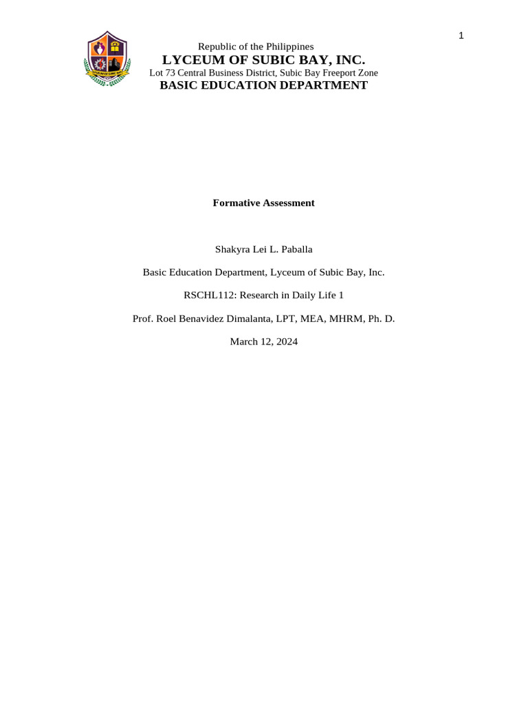 Formative Assessment Activity in Research in Daily Life 1 | PDF ...