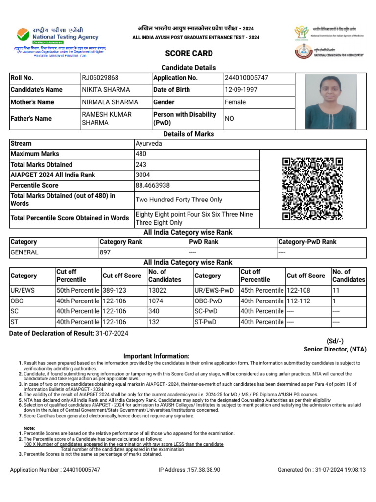 AIAPGET-2024nikita Score Card | PDF