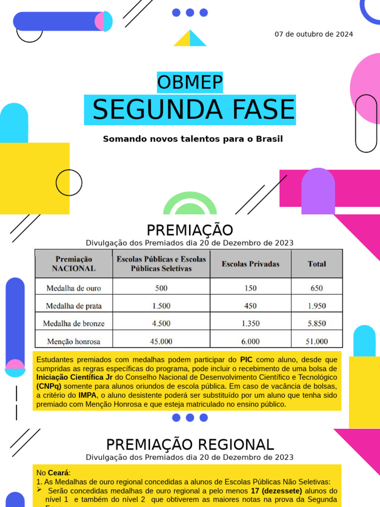 Segunda Fase da OBMEP 2025: Detalhes e Premiação | PDF