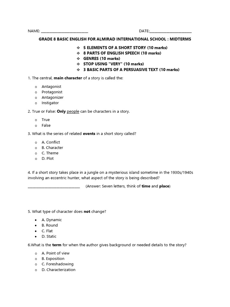 Grade 8 Midterm Basic English PDF Adverb Adjective