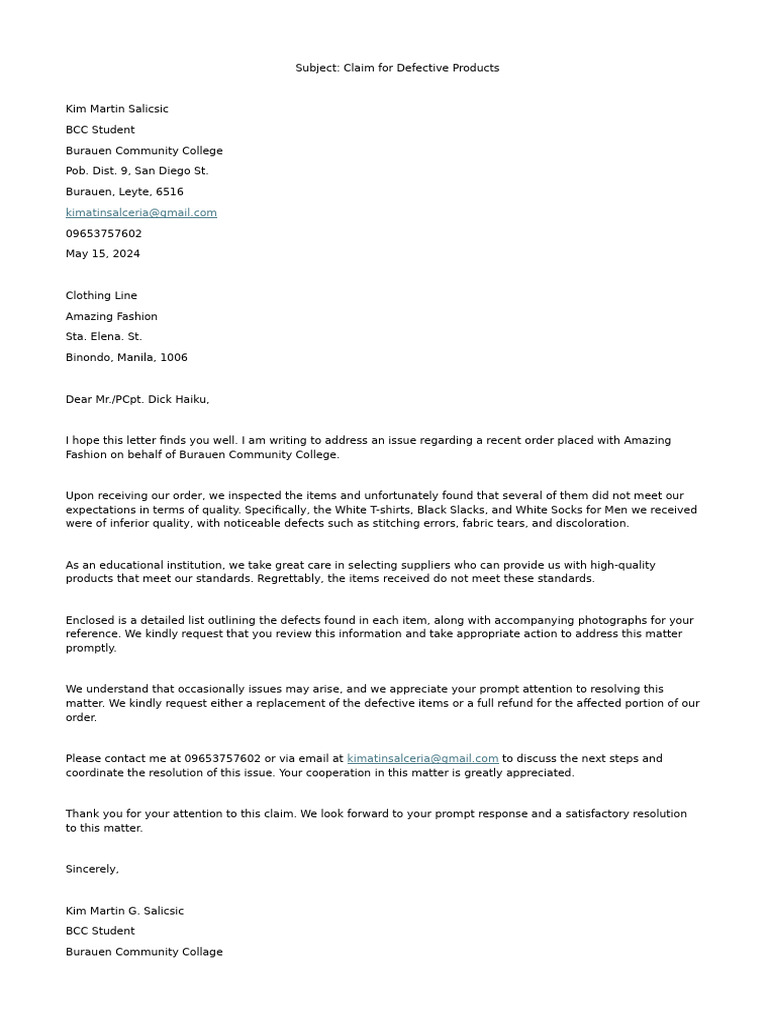 Claim for Defective Clothing Order | PDF