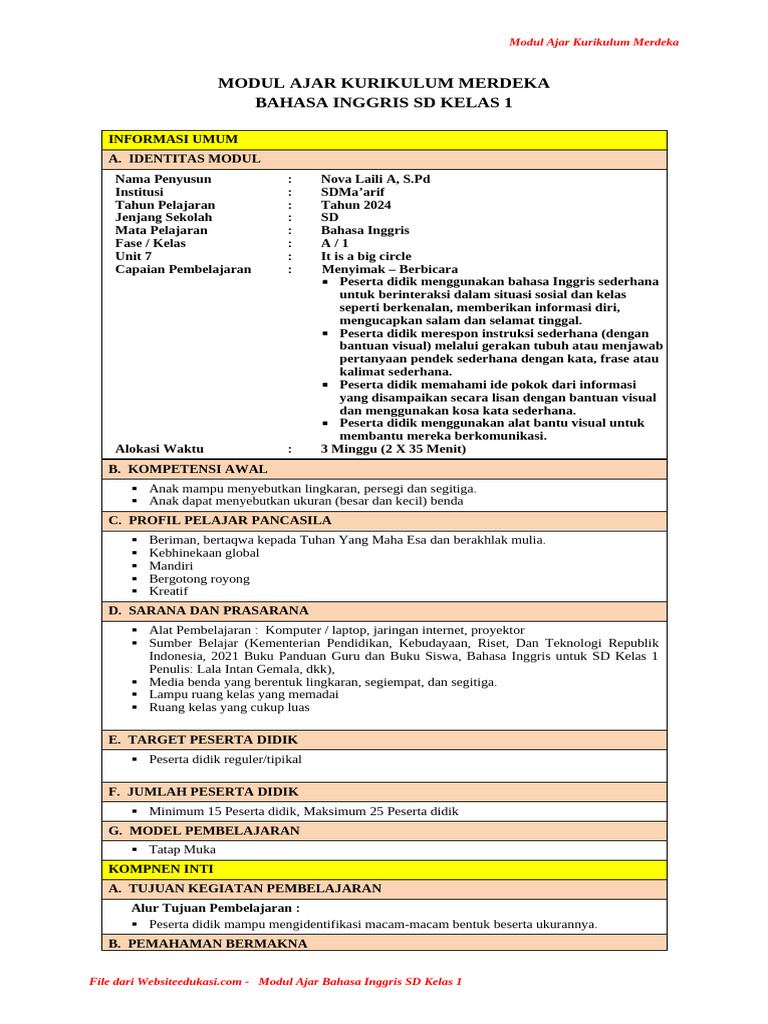 Modul Ajar Bahasa Inggris Kelas 1 | PDF | Karier & Perkembangan | Seni
