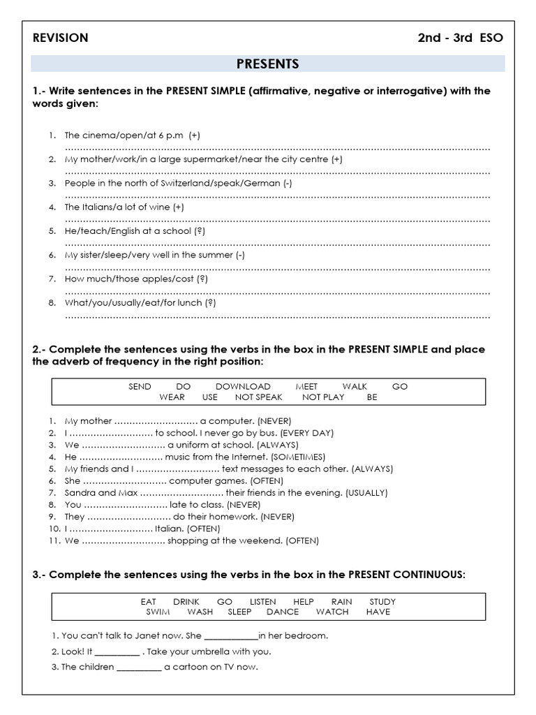 Present Simple vs Continuous Exercises | PDF | Linguistic Typology ...