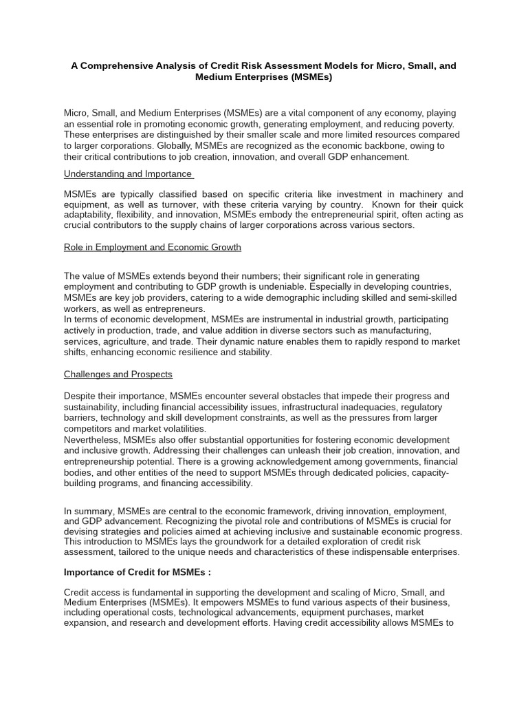 Credit Risk Assessment for MSMEs | PDF | Credit Risk | Finance & Money ...