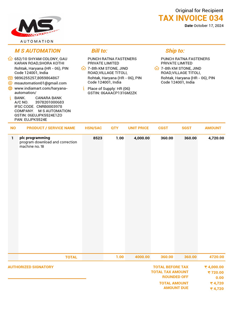 Tax Invoice for Punch Ratna Fasteners | PDF | Government Finances ...