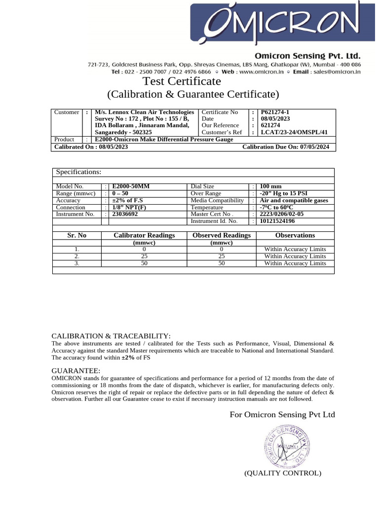 Test Certificate | PDF | Calibration | Pressure Measurement