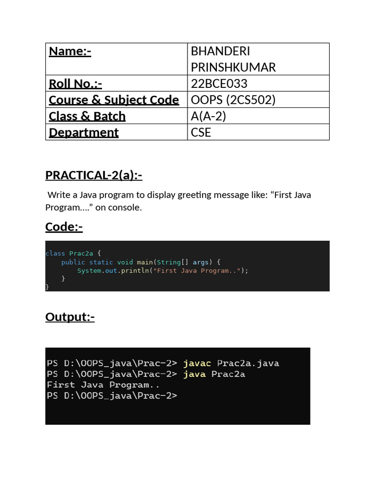 22bce033 Prac 2 Oops | PDF | Computers