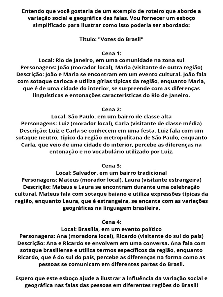 Entendo Que Você Gostaria De Um Exemplo De Roteiro Que Aborde A