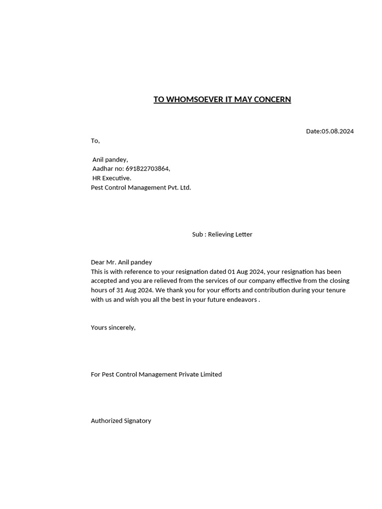 Relieving Letter for Anil Pandey | PDF | Career & Growth | Business