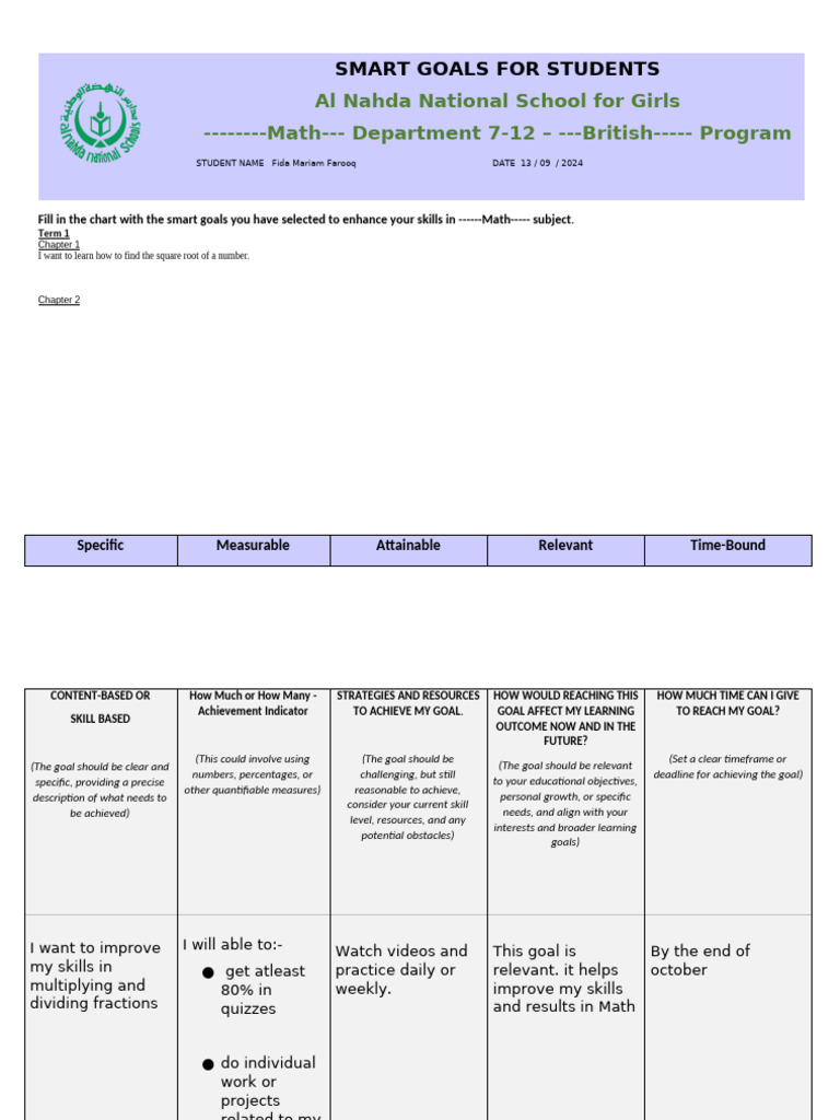 Student Goal Setting Math | PDF | Goal | Goal Setting