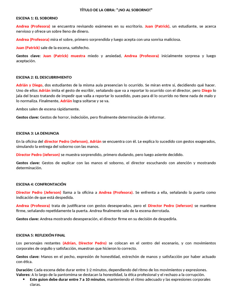 Guion de Pantomima: ¡No al Soborno! | PDF | Artes del Lenguaje y ...
