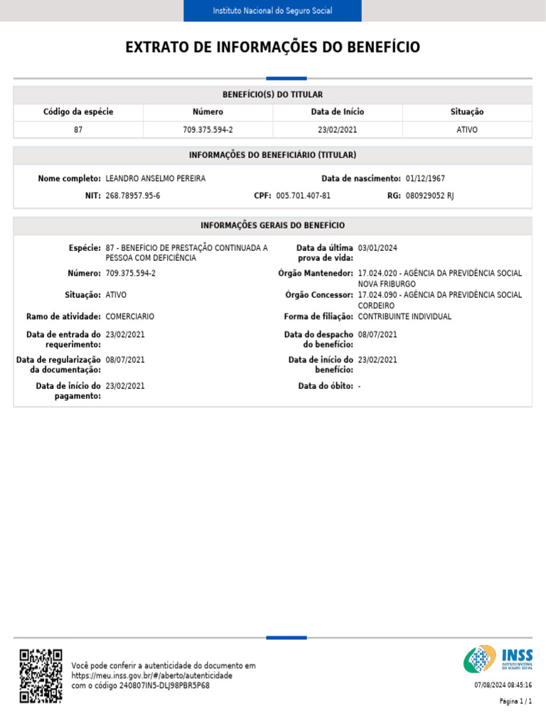 Extrato de Pagamento INSS - Leandro Pereira | PDF | Economias ...