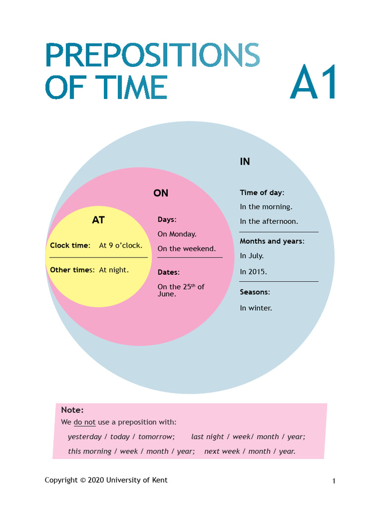 Prepositions of Time A1 Students Worksheet 1 | PDF