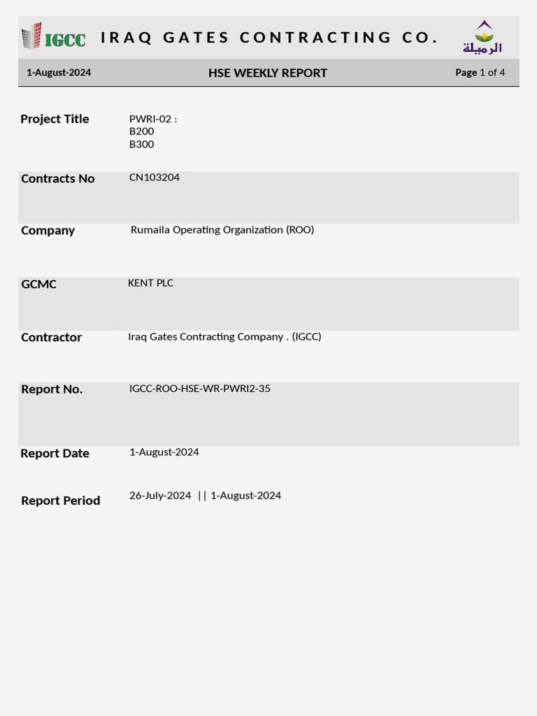 IGCC HSE Weekly Report: Aug 1, 2024 | PDF | Hazards | Safety
