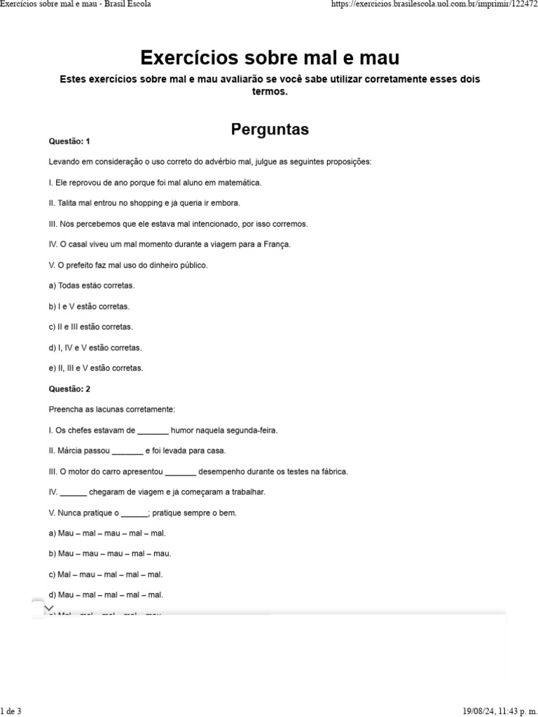 Exercícios sobre Mal e Mau | PDF | Palavra | Substantivo