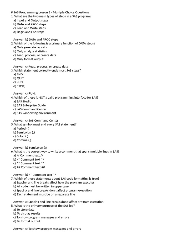 SAS Programming MCQs and Concepts | PDF | Sas (Software) | Microsoft Excel