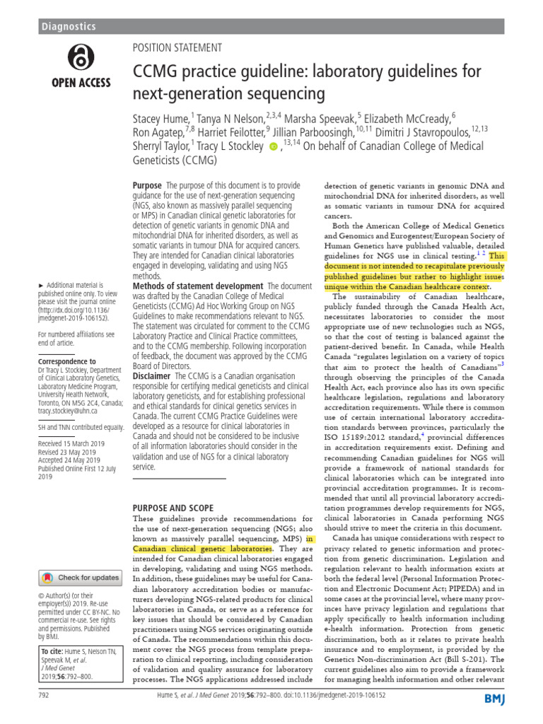 CCMG Practice Guideline Laboratory Guidelines For Next-Generation ...