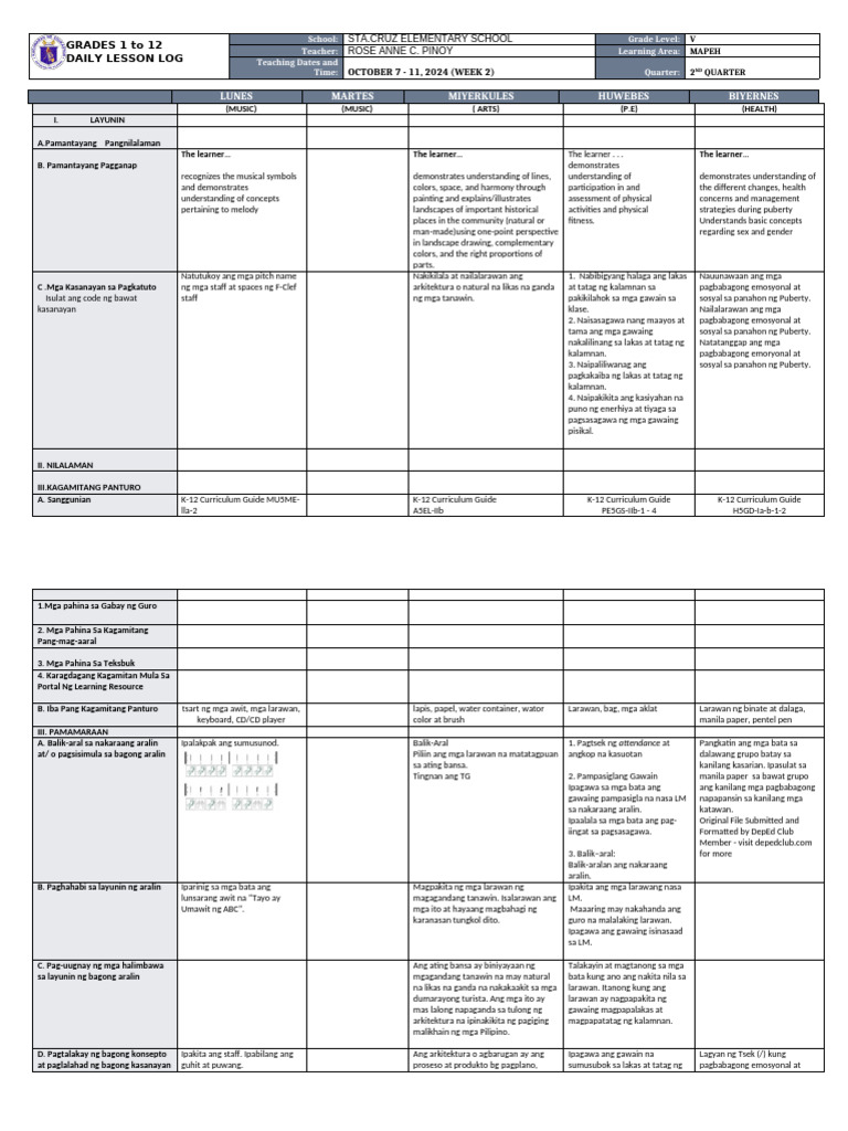 DLL - Mapeh 5 - Q2 - W2 | PDF
