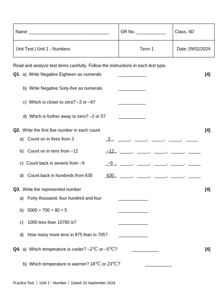 Class 4 Maths Unit Test: Numbers | PDF