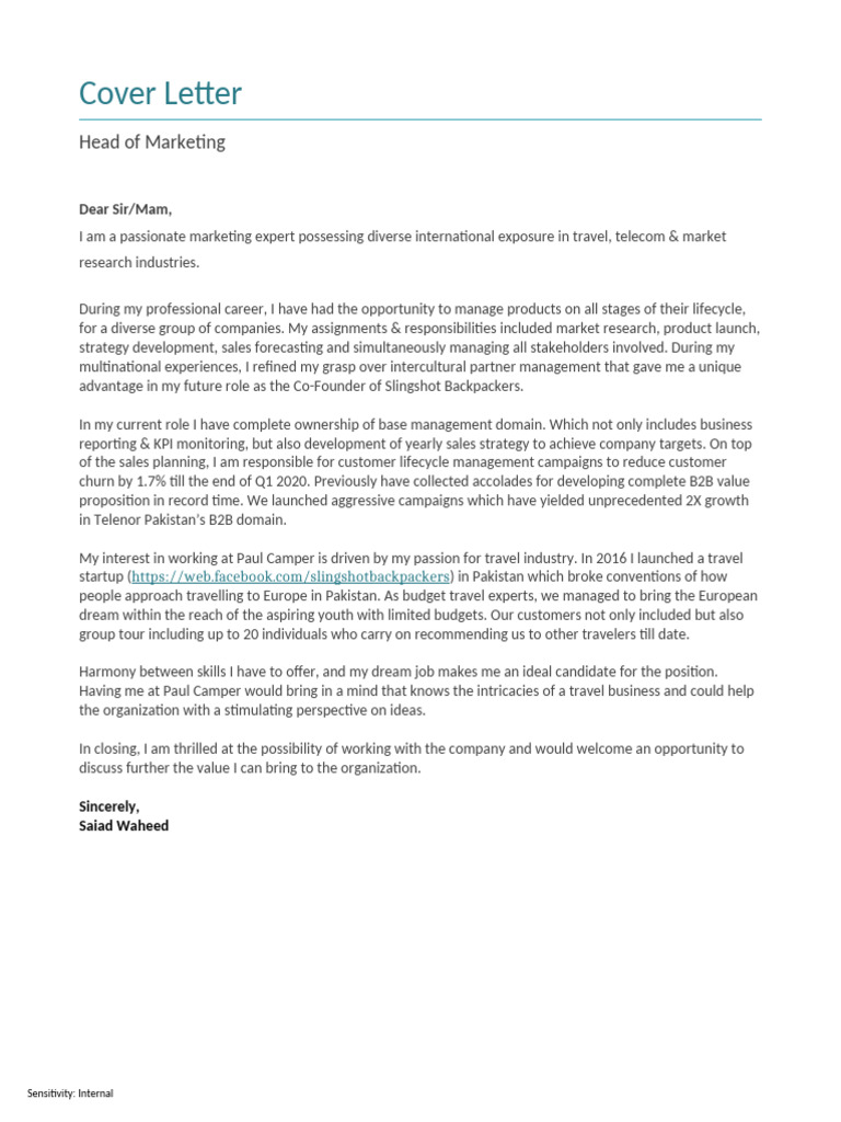 Cover Letter Head of Marketing PDF Marketing Business