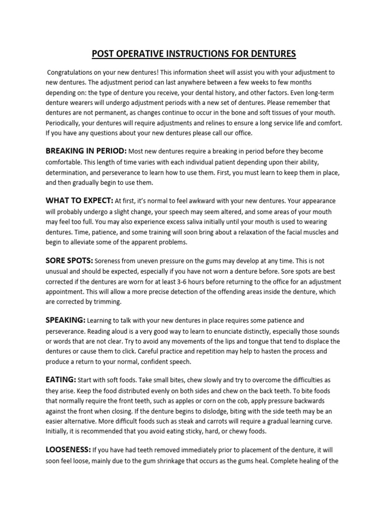 Post Operative Instructions For Dentures | PDF | Dentures | Dentistry ...