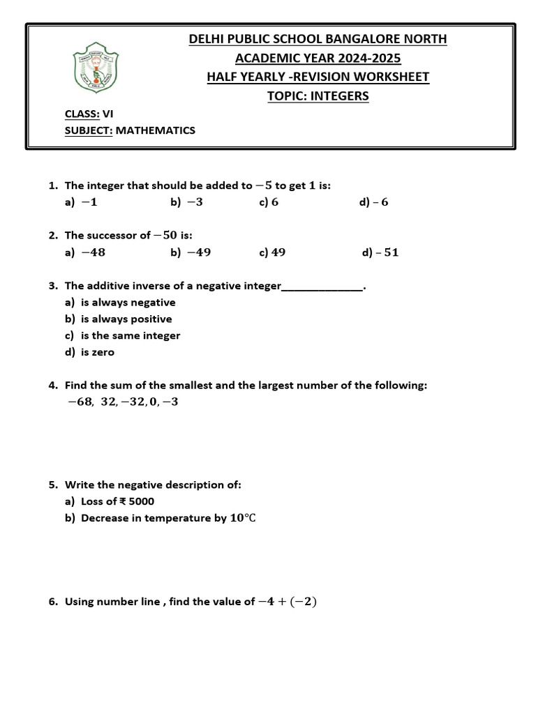 Grade VI Math: Integers Worksheet | PDF | Teaching Methods & Materials