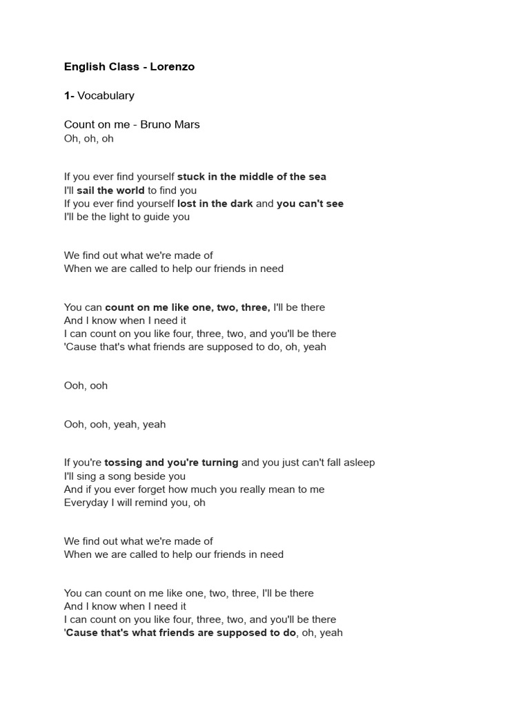 Vocabulary from "Count on Me" Lyrics | PDF | Language Arts & Discipline ...