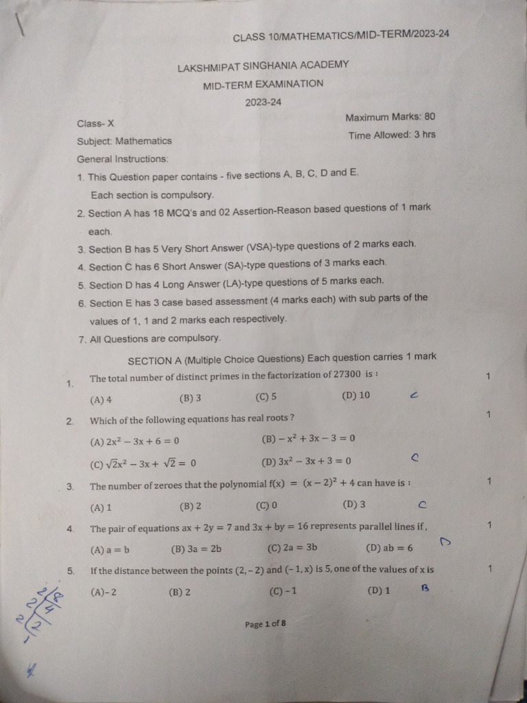 Maths Paper - Midterm 2023-24 | PDF | Mathematical Concepts | Euclidean ...