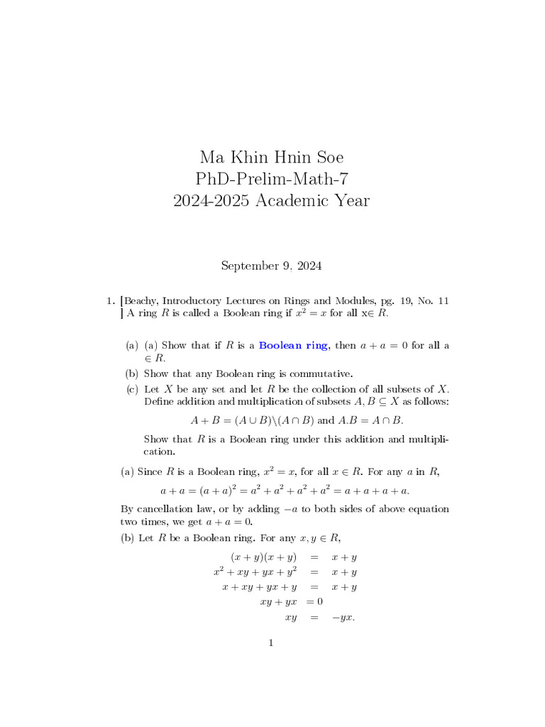 Boolean Rings and Subset Operations | PDF | Ring (Mathematics) | Group ...