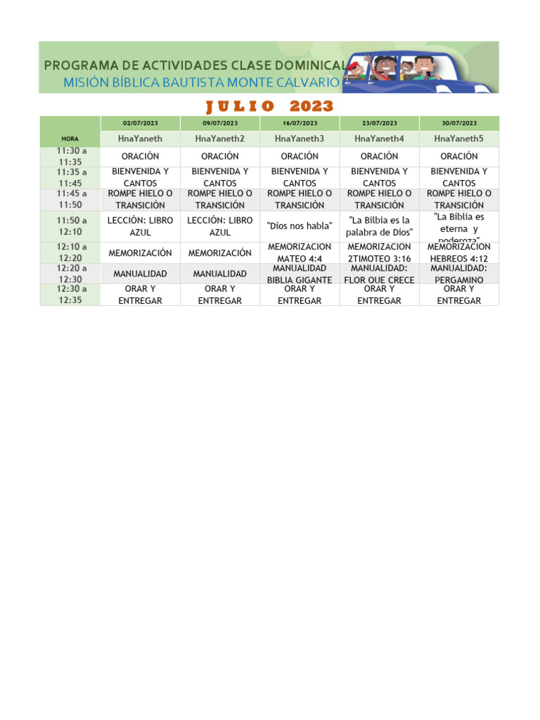 Programa de Actividades Clase Dominical | PDF