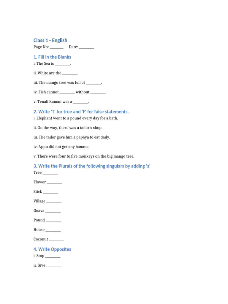 Class 1 English Exam Paper Pdf