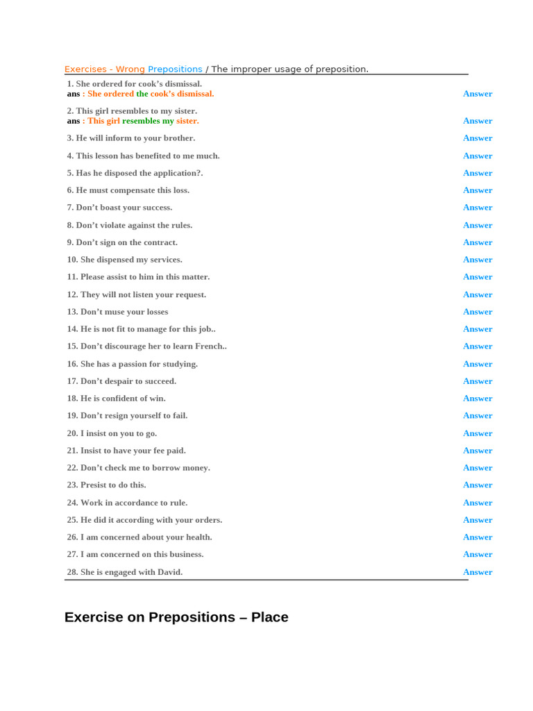 Common Errors with Prepositions | PDF | Bus