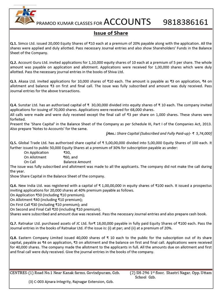 Work Sheet - Issue of Share | PDF | Equity (Finance) | Book Value