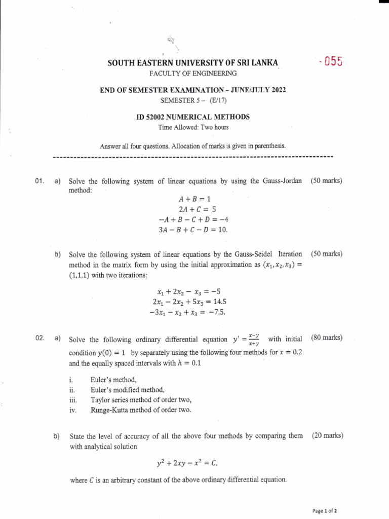 Numerical Methods Exam Paper 2022 | PDF | Equations | Mathematical Analysis