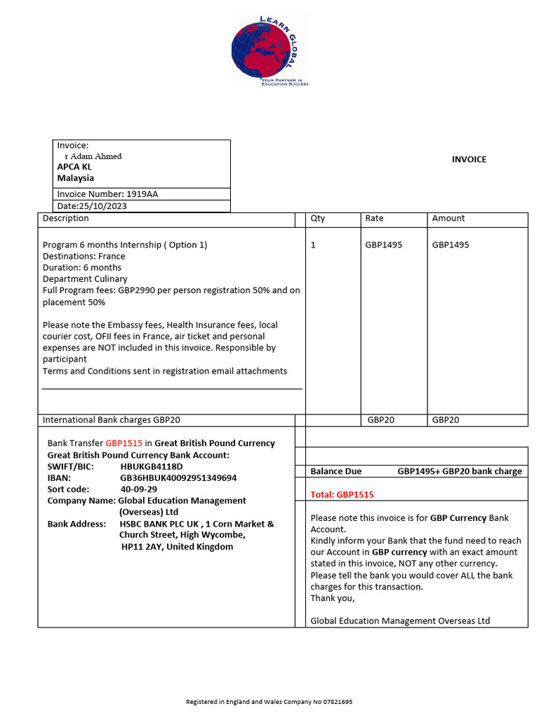 Adam Ahmed 6 Months Culinary Internship Registration Invoice | PDF ...