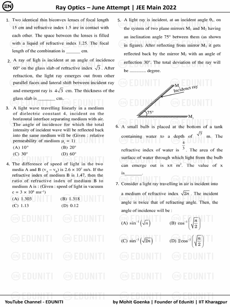 Ray & Wave Optics June Attempt Solution - JEE 2022 - Eduniti | PDF